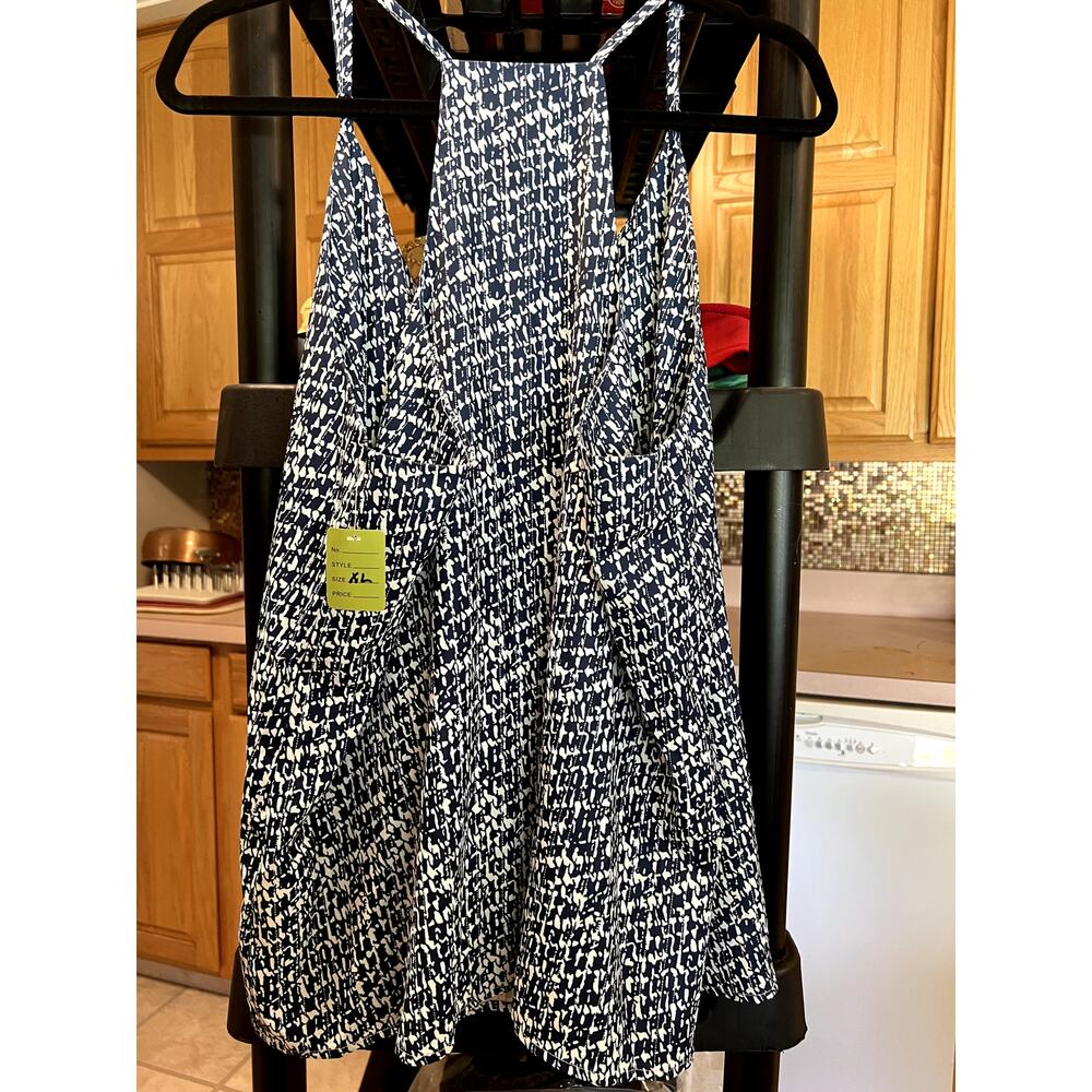 Top, flowy navy and white halter with adjustable straps, XL, poly&spandex, $18